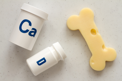 bone-shaped cheese next to calcium and vitamin D supplement bottles