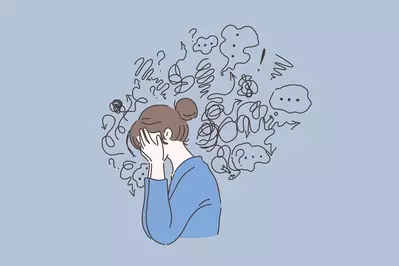 illustration of anxious girl surrounded by scrambled thoughts